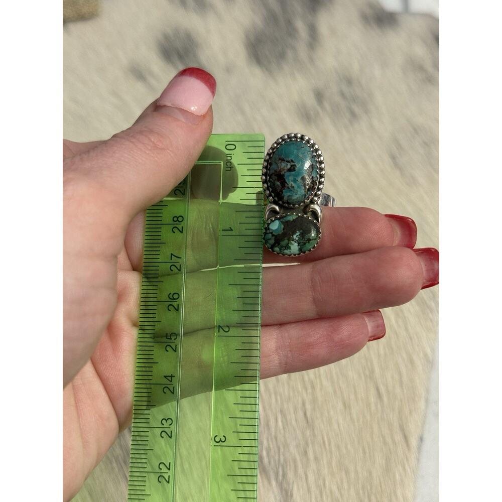 Sterling Silver Blue Hubei Turquoise Double Stone Adjustable Ring Sawtooth 925 - Picture 7 of 14